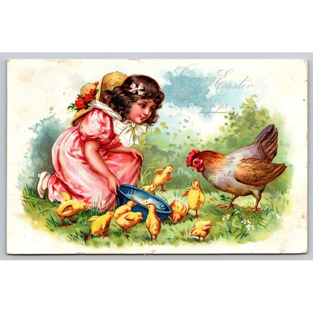 Postcard Loving Easter Greetings Girl Hen Chicks Embossed Tuck Posted 1908 OR
